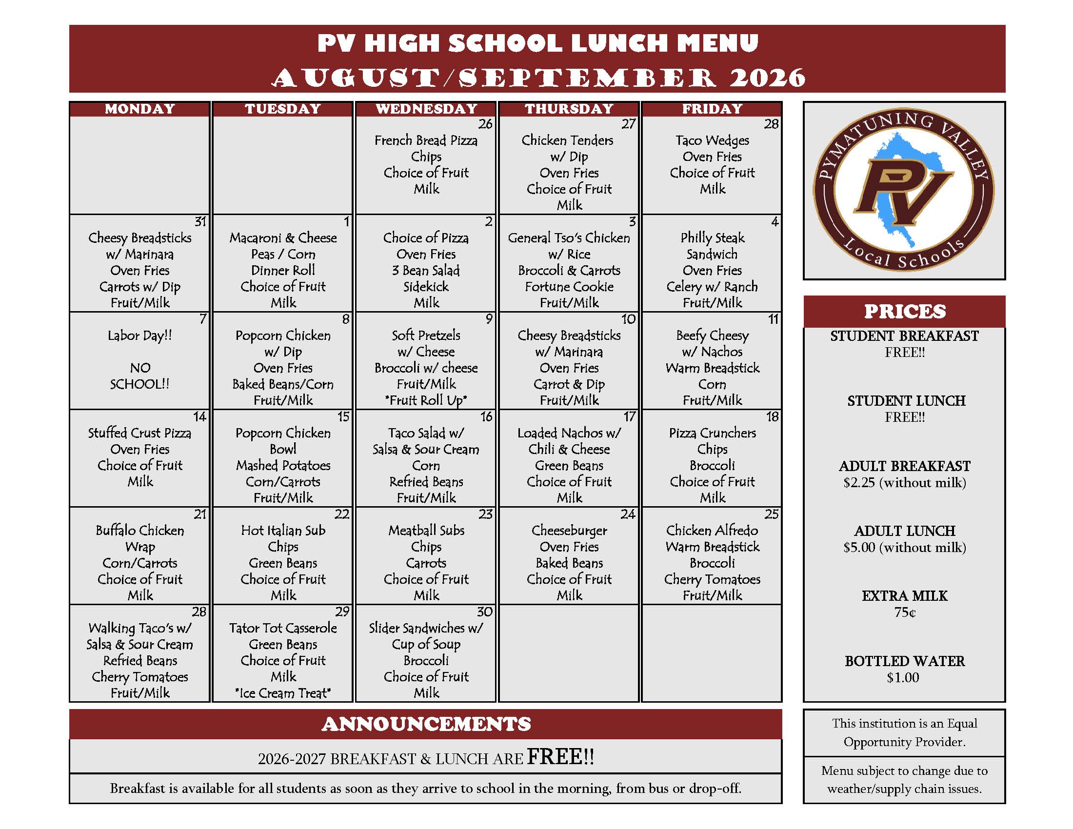 hs lunch menu